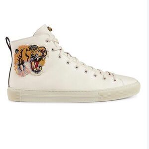 Gucci Cream Leather High Top Tiger Sneaker Embroidered Mens 12.5